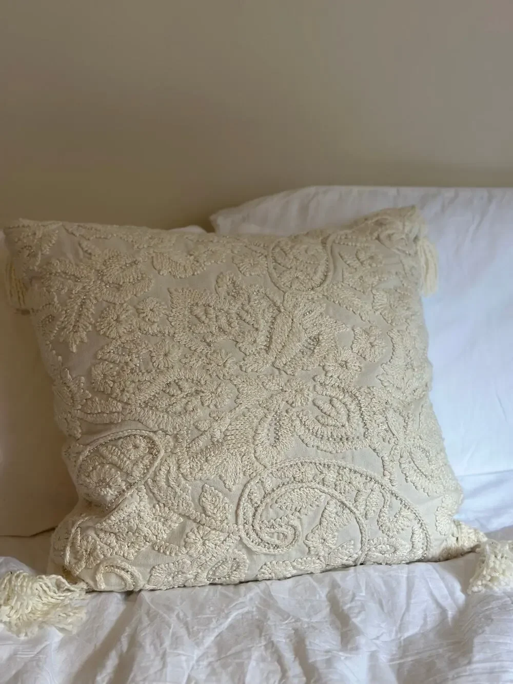 Boho Embroidered Throw Pillow 20x20 Cream Off White Beaded Tassels Decorative